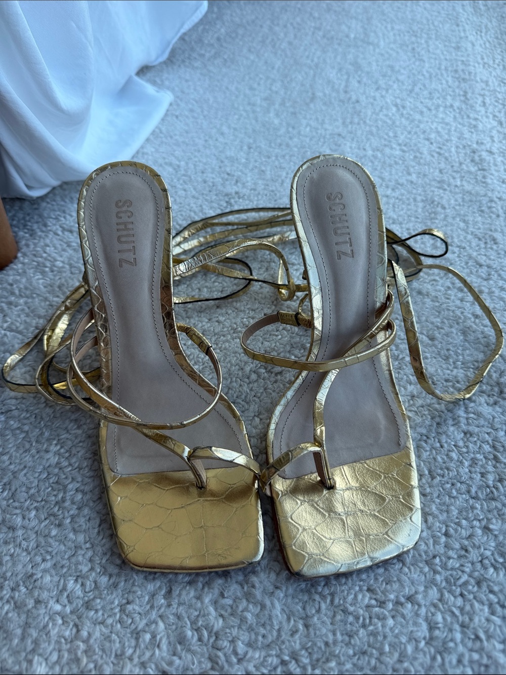 SCHUTZ Metallic Gold Strappy Lace-Up Heels